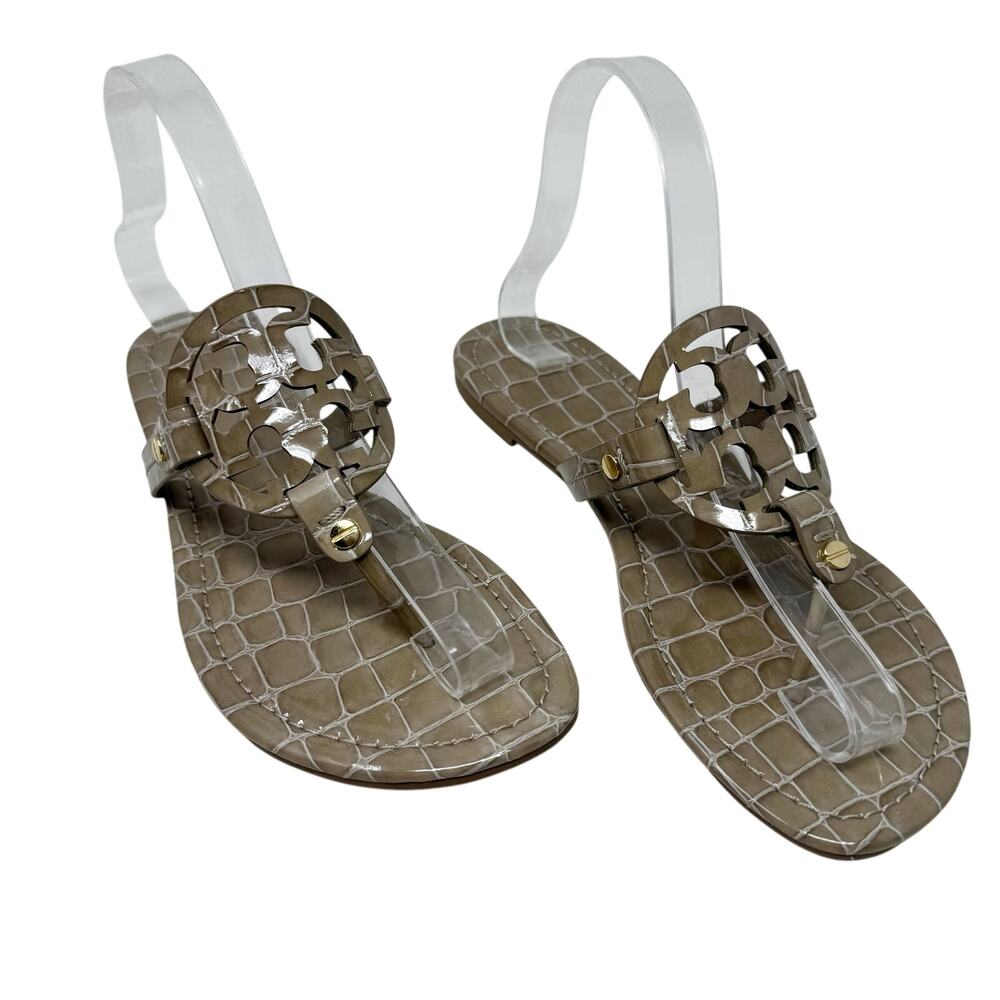 Tory Burch Miller Croc Embossed Patent Leather Thong Sandal Taupe Tan Flat 7